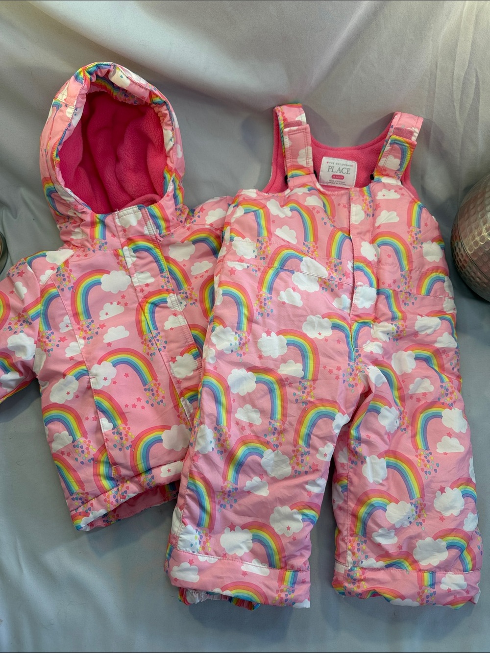 The Children's Place LIKE NEW Pink Rainbow & Cloud Puffer Jacket and Snow Bibs